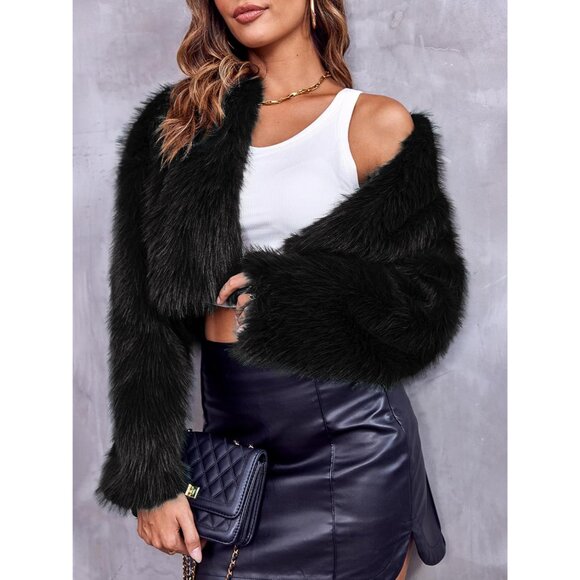 Women's Fashion Cropped Faux Fur Jacket Long Sleeve Open Front Cardigan Casual F - Picture 3 of 6